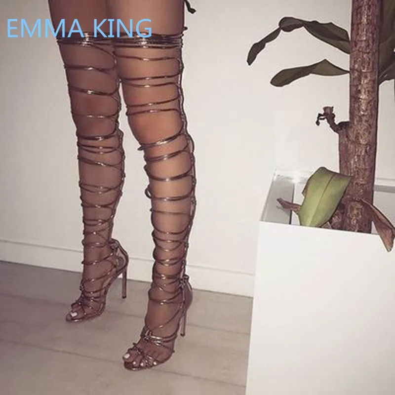 2019 New Women Summer Over The Knee Gladiator Sandals Boots Open Toe Cut-Out Sexy Stilettos High Heels Shoes Woman Roman Sandals