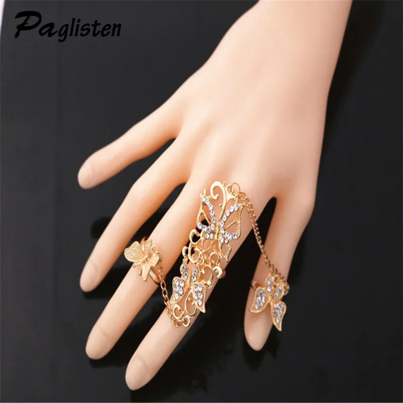 PAGlisten Rhinestone Flower Butterfly Full Finger Rings for Women Gold Chian Link Double Armor Ring SKU5961