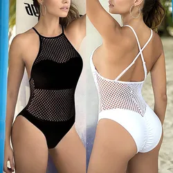 Mesh jednoczęściowy strój kąpielowy kobiety na szyję krzyżowe wiązanie Monokini Push Up Bikini wysokie cięcie stroje kąpielowe Sexy body kostiumy kąpielowe