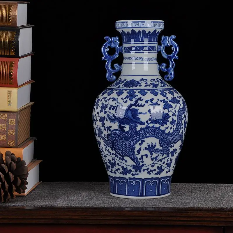 Jingdezhen ceramics ceramic blue and white dragon vase ornaments binaural living room decoration industrial equipment