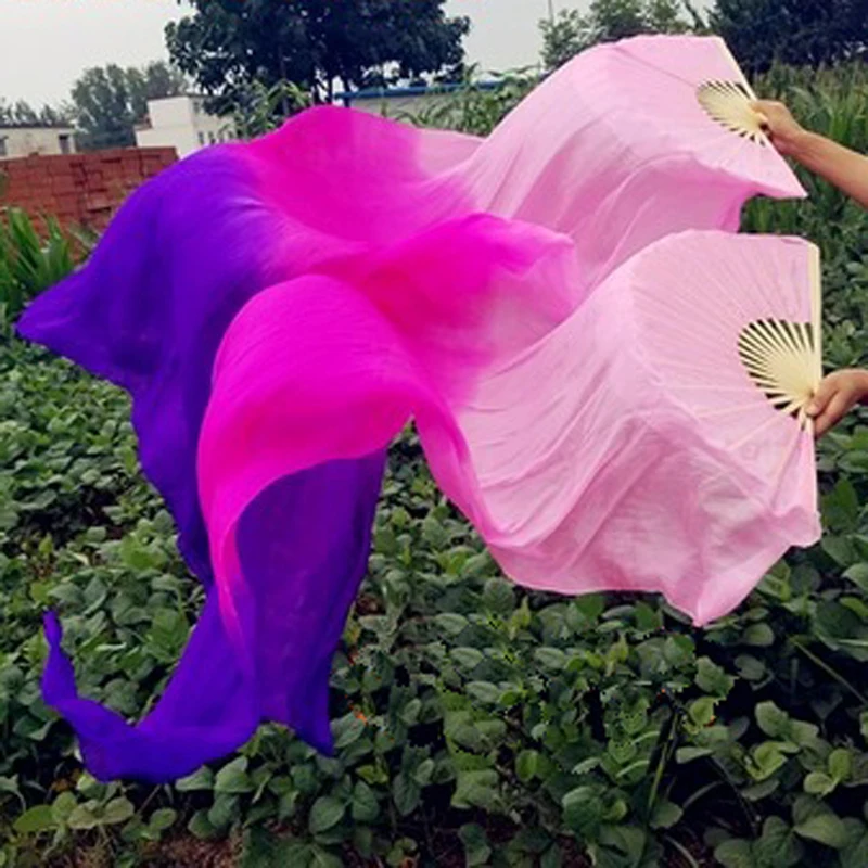 New dyed 2pcs(L+R) belly dancing pure silk fan veils 180cm long Bamboo ribs foldable Fans for dancing or stage Performance