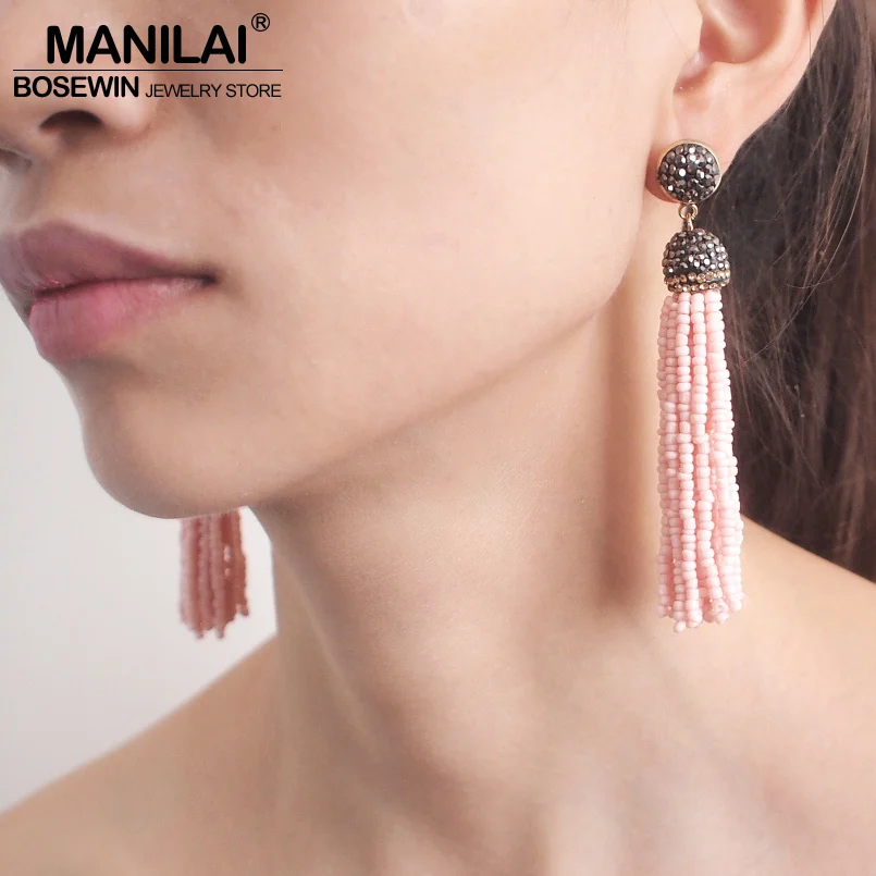 MANILAI Handmade Resin Bead Tassel Earrings Fashion Bohemian Statement Crystal Dangle Earrings For Women Beach Jewelry