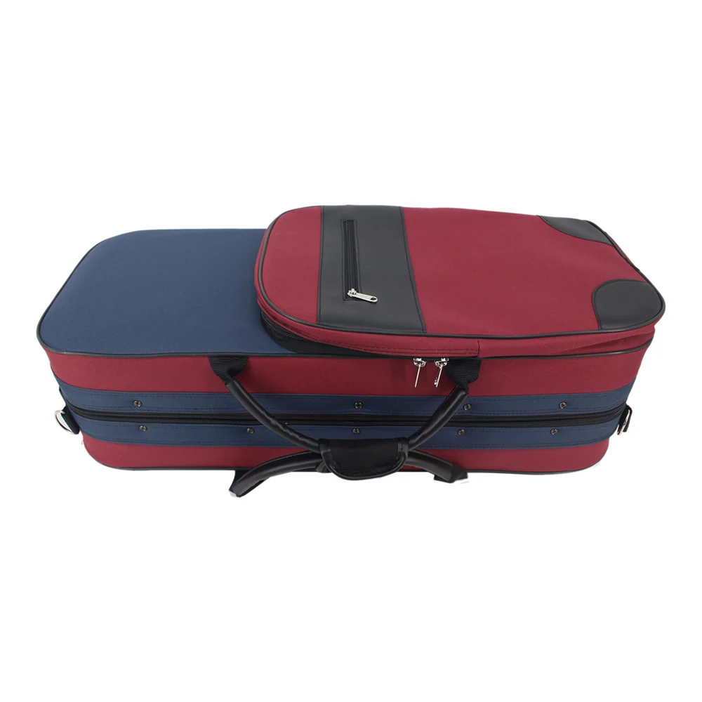 Red & Blue Stitching Oxford Fabric Foamed Rectangle Double Layer Violin Case with Bow Case Large Storage Bag Belt for 4/4 Violin