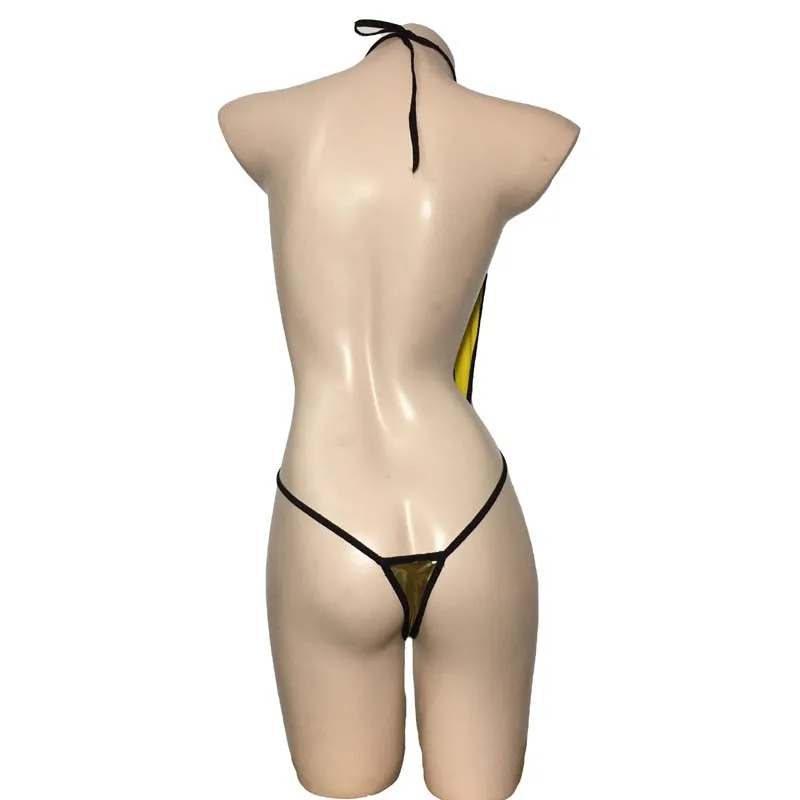 ملابس داخلية نسائية مثيرة Pu ملابس داخلية نسائية من الجلد المعدني اللامع باللون الذهبي بيكيني مكشكش ثونغ قطعة واحدة تيدي ملابس الشاطئ