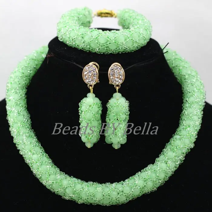 Single Row African Braid Wedding Beads Lace Jewelry Sets Green Crystal Nigerian Women Choker Necklace Set Free Shipping ABK470