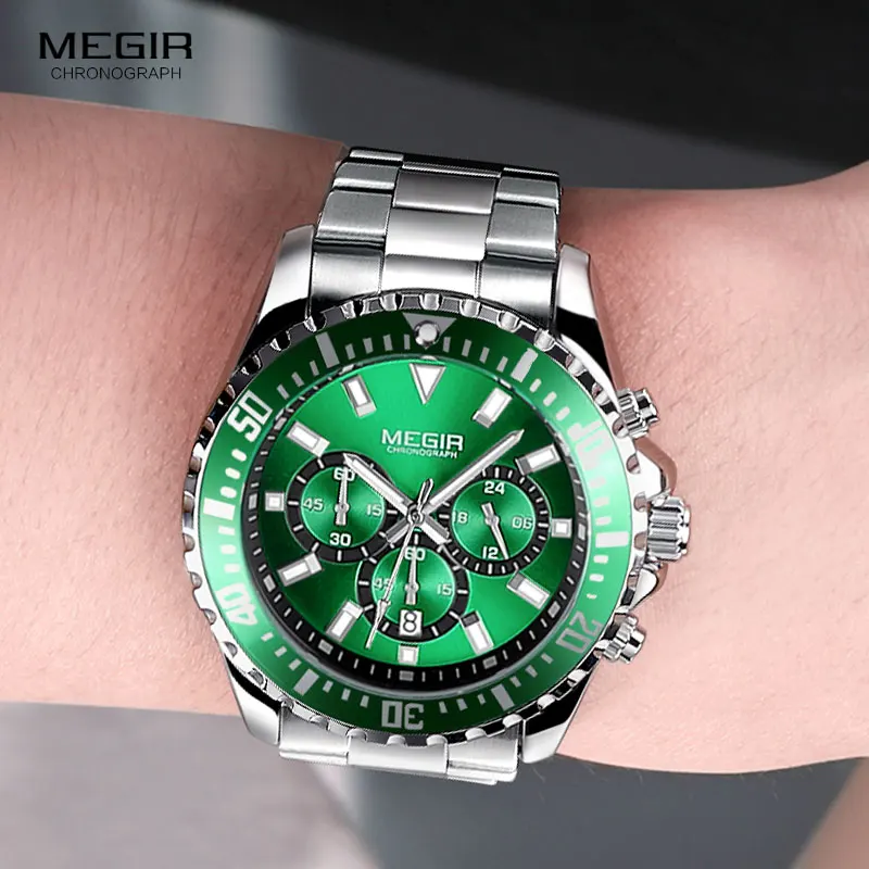 MEGIR Men\'s Chronograph Quartz Watches Stainless Steel Waterproof Lumious Analogue 24-hour Wristwatch for Man Green Dial 2064G-9