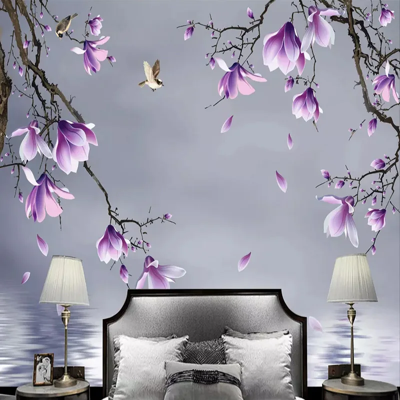 Papier peint 3D sur mesure pour la décoration intérieure, motif magnolia violet, oiseau, fleurs, espace, salon, TV, fond de canapé