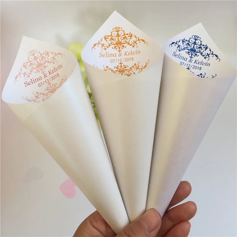 Personalized Navy blue wedding party decoration vintage royal blue peach coral damask confetti cones 120 gram pearly papers 25ct