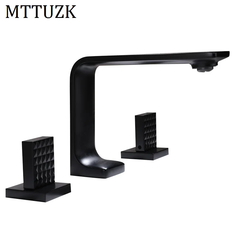 MTTUZK Bath Faucet Double Handle Square Brass Bathroom Black Faucet Hot Cold Water mixer Tap three hole Basin Fuacet 3PCS/set