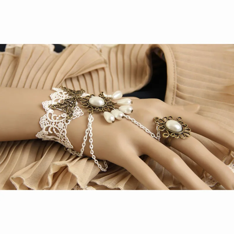 اليدوية المرأة الخرز قطرة الطبقات سلسلة فو اللؤلؤ زهرة الدانتيل الأبيض قابل للتعديل حلقة وسوار الرقيق مجموعة القوطية لوليتا الزفاف #3