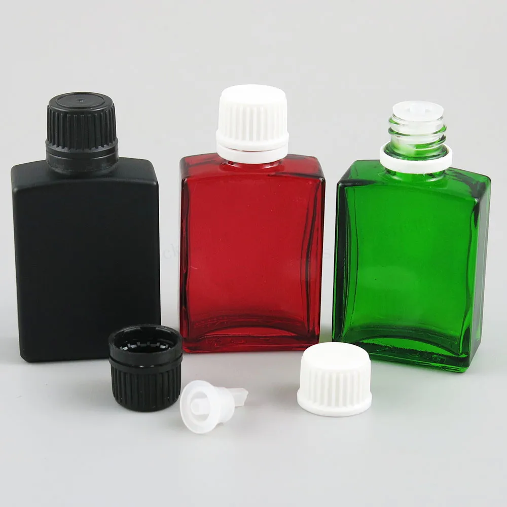 

12 x 30ml 1oz Square Flat Black white clear red blue green Glass Bottle With White Black Tamper Evident Cap Drop Seal