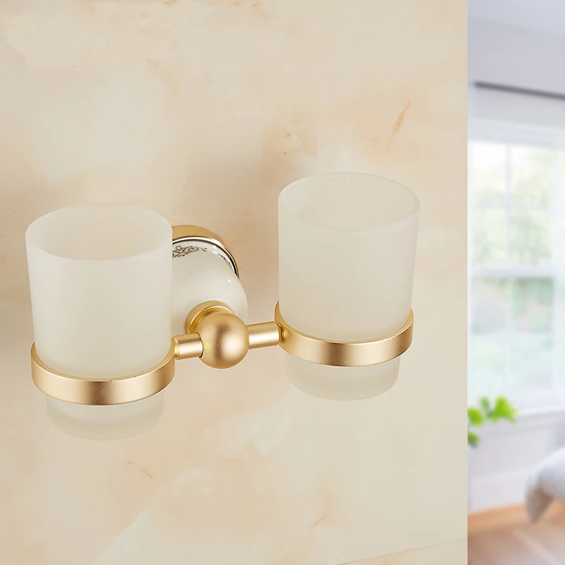 

Bathroom wall mounted double rinse cup holder shelf, Antique aluminum double cup tumbler holder, Retro gold cup holders rack