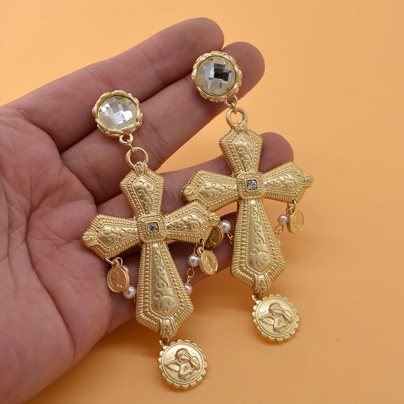 Gold Color Long Drop Big Cross Earring Vintage Pendant Dangle Earrings for Women Fashion Rhinestone Retro Jewelry