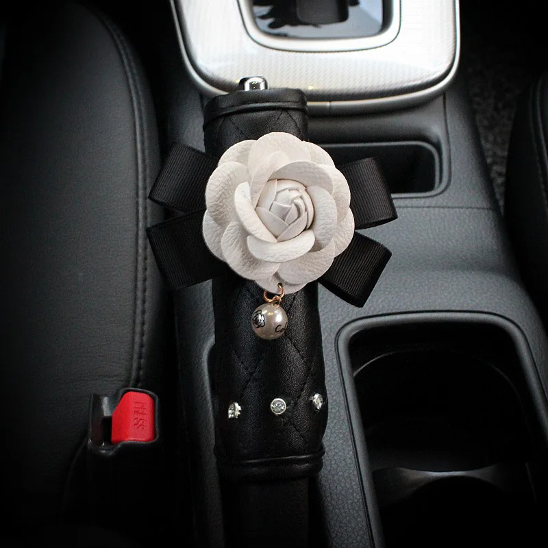 Crystal Rhinestones Camellia Flower Car Interior Accessories Women Leather Steering Wheel Cover Hand brake Gear Cover Seat Belt