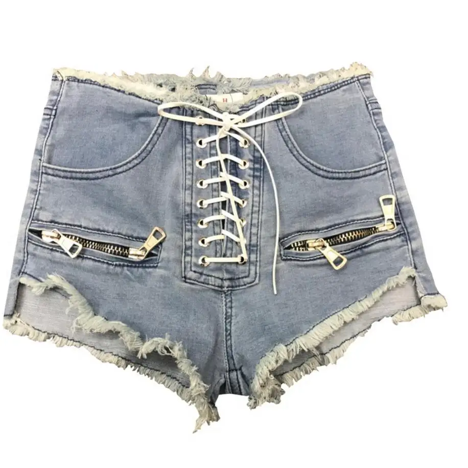 

2024 summer new fashion zipper sexy high waist shorts female blue black grey college style lace up Korean denim shorts L215