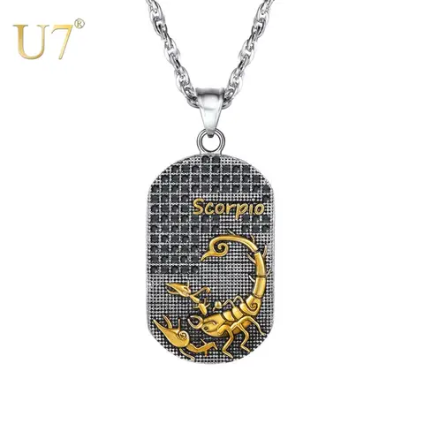 U7 12 Constellations Embossed Gold Color Zodiac Necklace Stainless Steel Amulet Horoscope Sign Pendant Unisex Birthday Jewelry