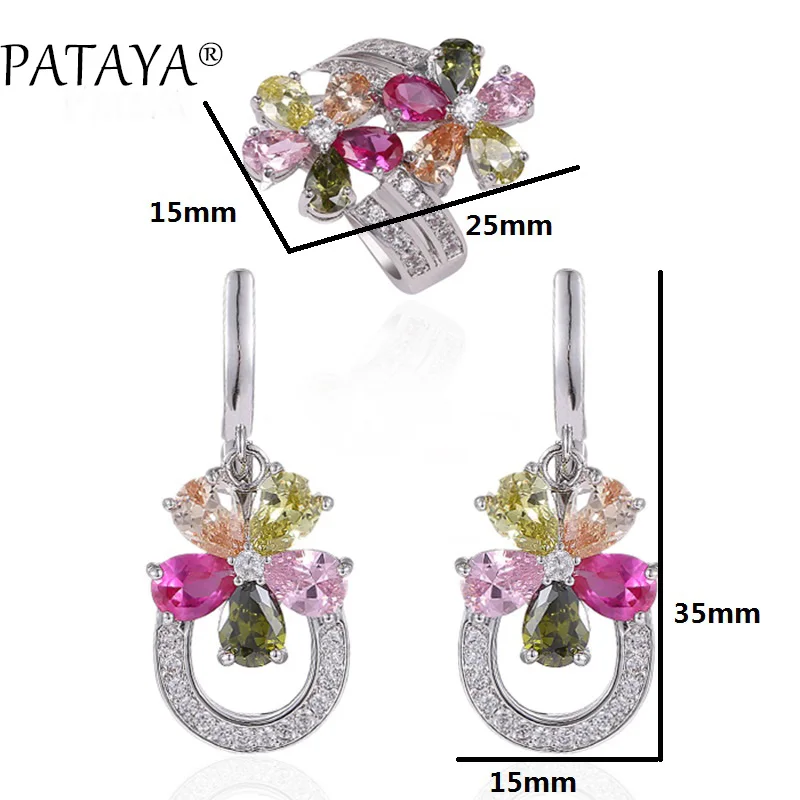 PATAYA RU Hot Sale Women Romantic Jewelry Sets Flower Natural Zirconia Earrings Ring Set True White Gold Color Wedding Jewelry