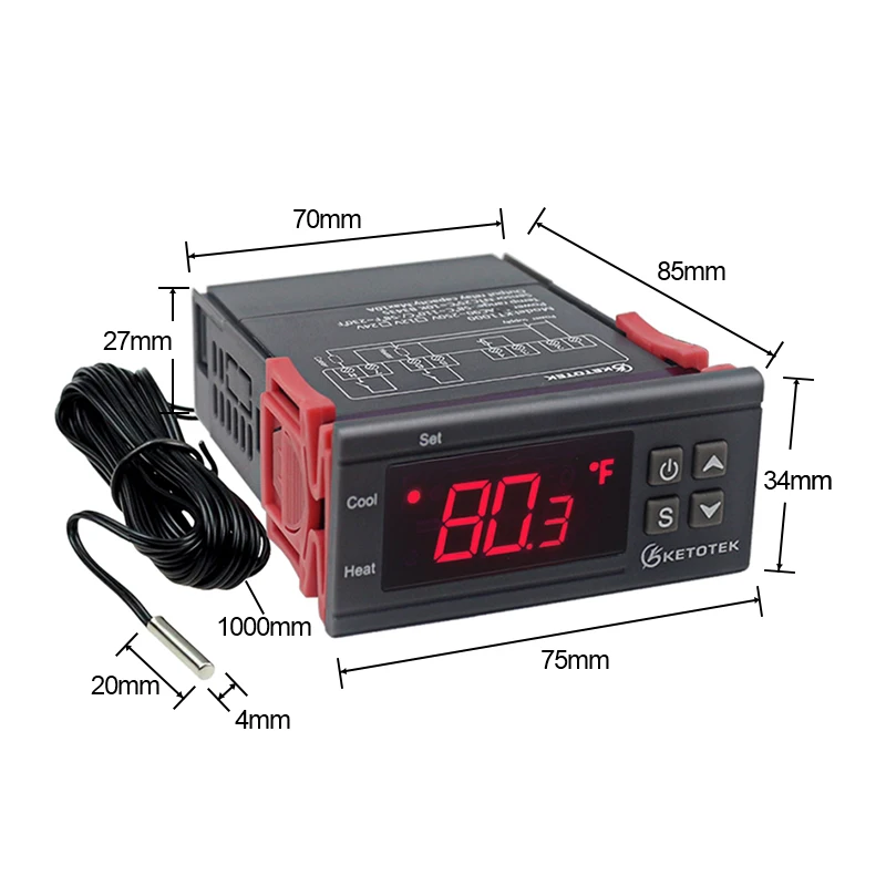 Imagem -05 - Termorregulador Digital Kt1000 Termostato Controle de Temperatura 12v 24v 220v para Incubadora com Aquecedor e Refrigerador com Tela c & f