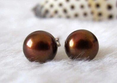 Genuine 8-10mm Brown Sea Shell Pearl Sterling Silver Stud Earrings