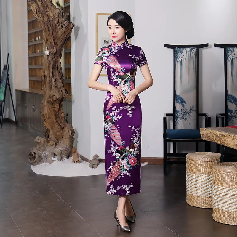 Purple Chinese Female Long Dress Sexy Elegant Qipao Cheongsam Vintage Mandarin Collar Flower Peacock Dress S M L XL XXL 3XL 0157