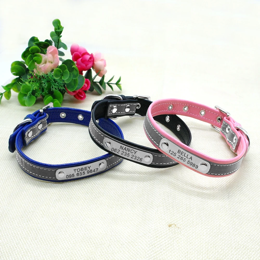 Personalized Cat Collar Leather Reflectieve Cat ID Collar Dog Collars for Small Dogs Custom Engraved Puppy Nameplate