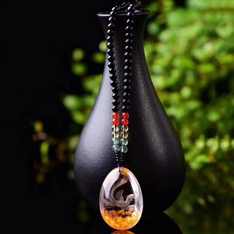 Wholesale Flower Natural Ghost Crystal Pendants Hand Carved Phoenix Sweater Chain Necklace Lucky for Women Men Crystal Jewelry