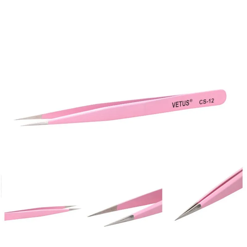 Stainless Steel Pink Eyelash Tweezers Fine Point High Precision Vetus Tweezers Lashes Extension Makeup Tool