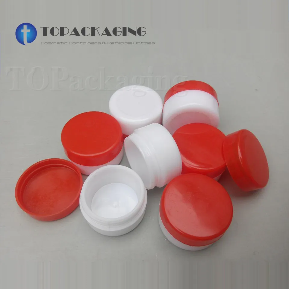 50PCS/LOT-5G Cream Jar,White Plastic Box With Red Screw Cap,Small Sample Cosmetic Container,Empty Mask Canister,Nail Art Cans