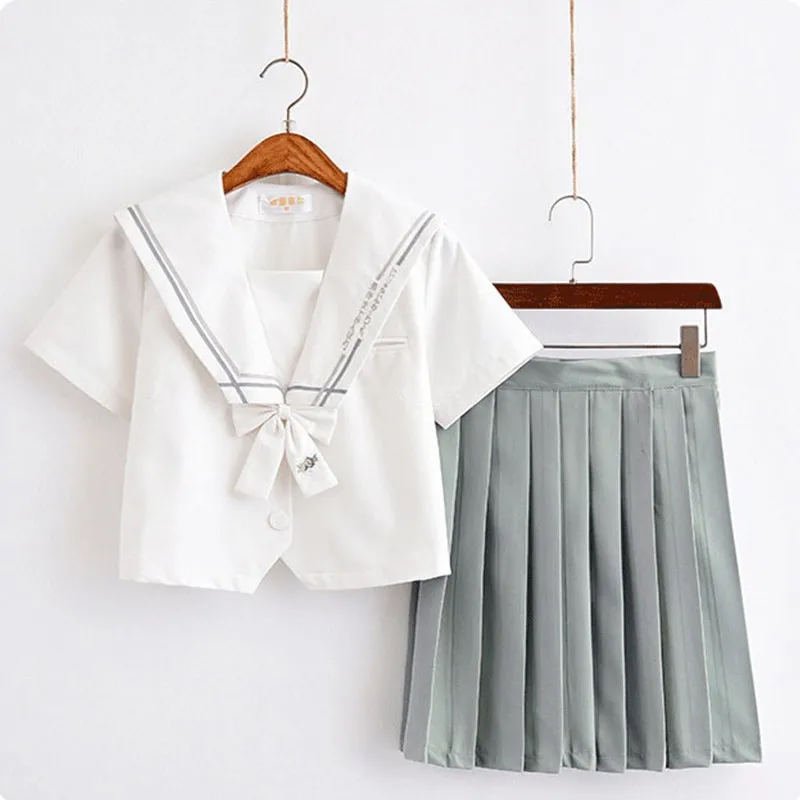 Japanese JK School Uniforms For Women White T Shirt Jasmine Embroideried Sailor Navy Skirt Suit Student Girls Class Set Female