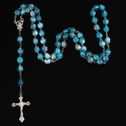 8mm Colored Glass Rosary Pendant Necklace Alloy Cross Virgin Mary Center Catholic Christian Religious Jewelry