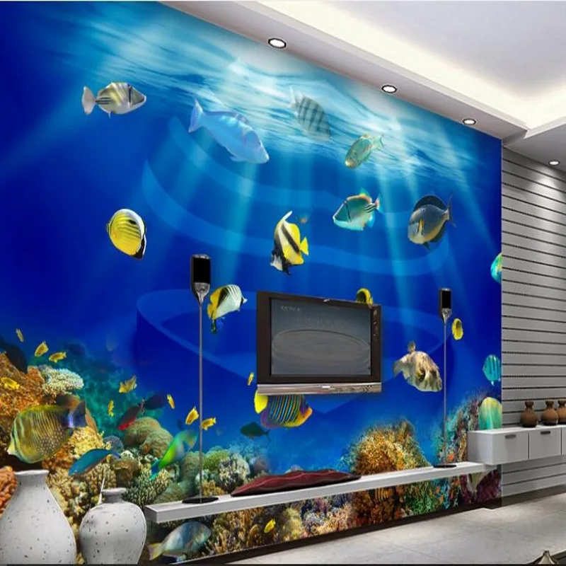 wellyu Custom Large Frescoes Ocean World Heart Fish Tropical Fish 3D Stereo TV Wallpaper papel de parede para quarto