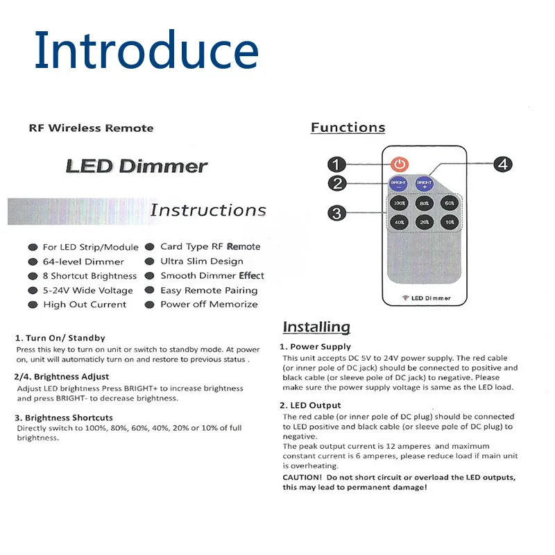 Mini Led Remote Controller DC5-24V RF Wireless Remoter 2pin For 6A Single color Led Strip Lighting Tape Light 9 keys