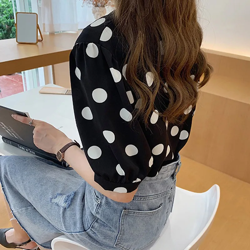 2020 Women Summer Polka Dot Loose Blouses O Neck Short Sleeve Dot Print Button Up Chiffon Blouse