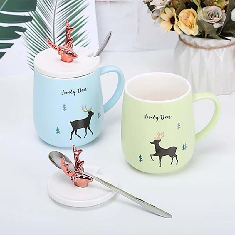 Deer Pattern Coffee Cups, Christmas Ceramic Gift Shops Mug, Silver Color Spoons, Animal Image Cover, New Year's Kitchen Utensils