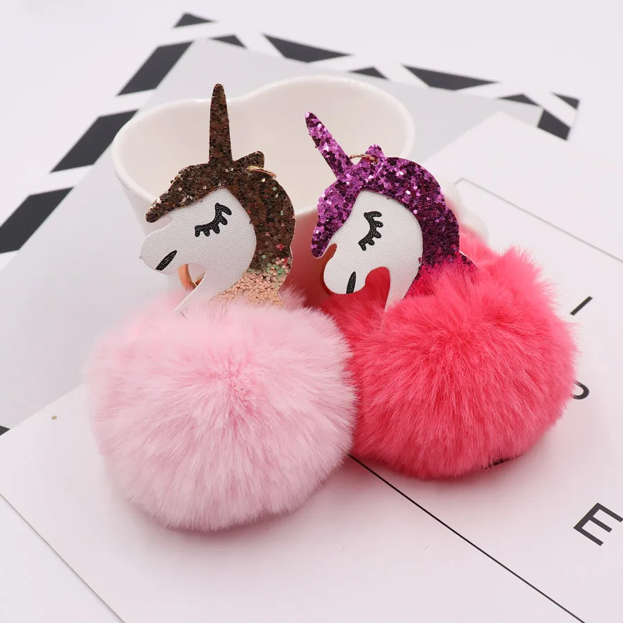 Pom Unicorn Keychain Rabbit Fur Ball Horse Key chain porte clef holder fluffy pompon Bag Car Key Ring For Women Accessories