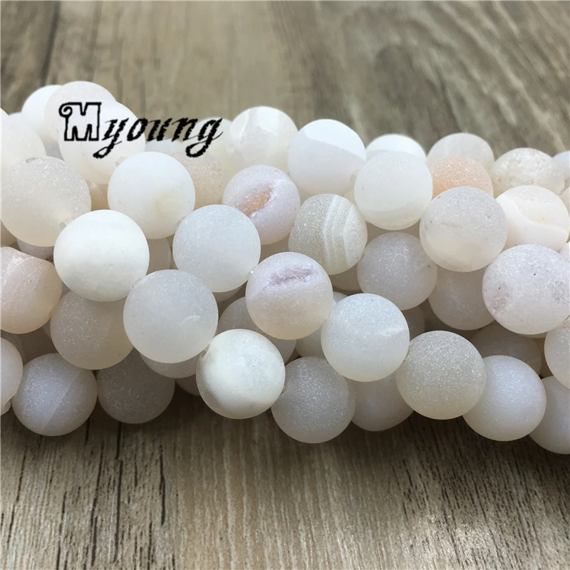 Frosted White Agates Druzy Geode Beads, Matte Round Quartz Drusy Loose Beads, Natural Gem Stone Beads For Jewelry Making, MY1621