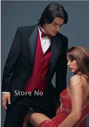 

Custom Made Best Selling Black Groom Mens Tuxedo,Bespoke Black Tuxedo With Red Vest,Tailored 2 Button Peak Lapel Mens Suits