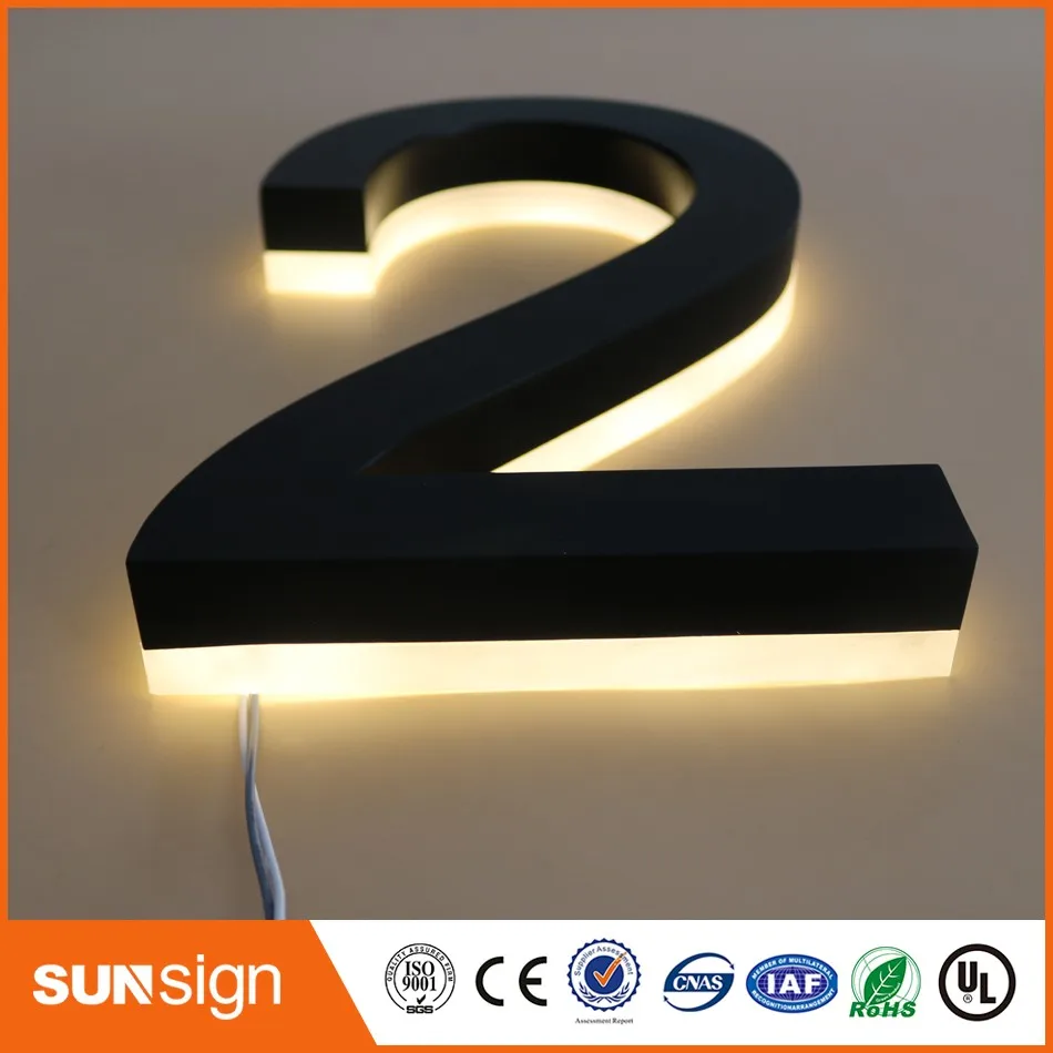 Numéro de maison rétro-éclairé LED en acier inoxydable, 25cm, sortie d'usine, face arrière avec lettres rétroéclairées led blanc chaud