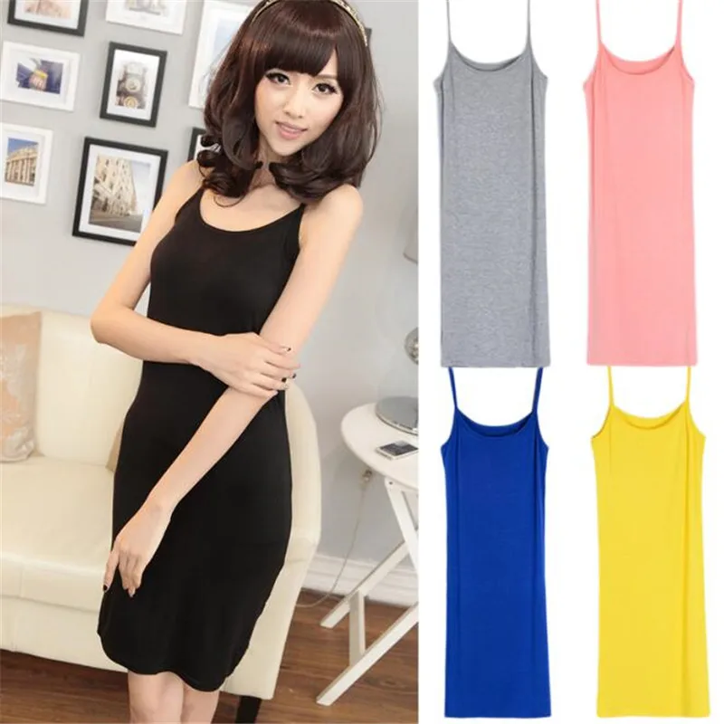 Women Lady Modal Spaghetti Strap Long Dress,Sexy Solid Sleeveless Base Mid-Calf Vest Dress ,Perfect Curve Slim Fit Sling Dress