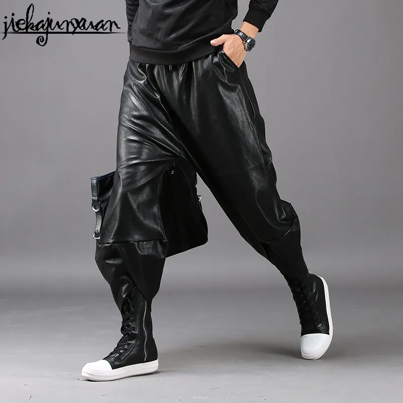 Men's Autumn And Winter Leather Pants Thin Loose Harem Pants Nightclubs Stage Men Bows Pants Tide Fashion Personality Trousers