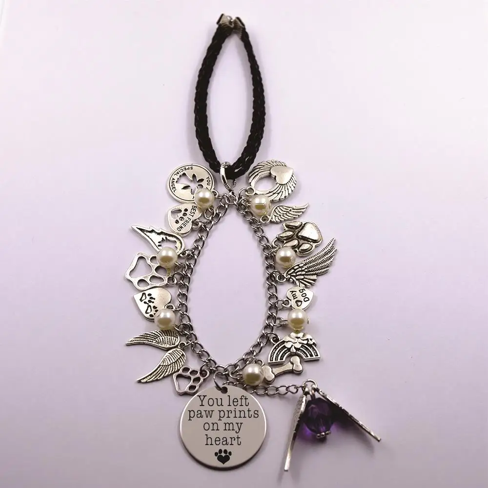 you left pawprints on my heart  leather and stainless steel chain rearview mirror Christmas tree pet loss pet owner dog lover