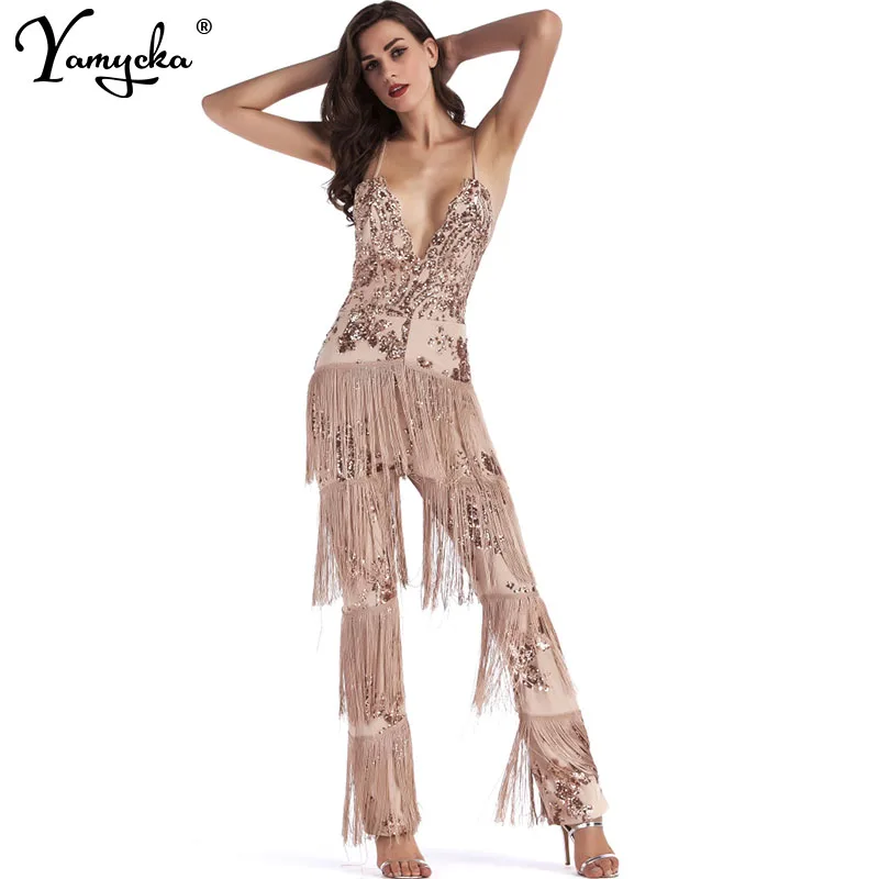 Sexy V neck Sequins Summer bodysuit women one pieces Backless tassel body femme rompers womens jumpsuit Bandages Tassel Overalls