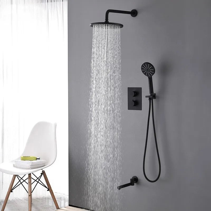 Wall mounted All brass Thermostatic Bathroom Shower faucet set three functions handheld shower head shower mixer set,Black