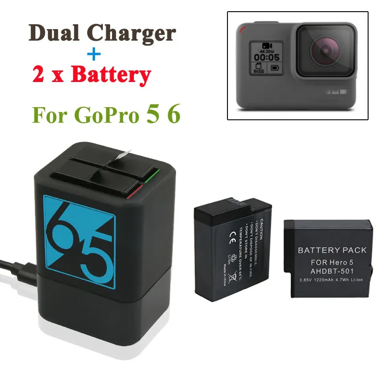 2Pcs 1220mah batteria ricaricabile + Hero5 6 7 doppio caricabatteria per GoPro Hero 7 GoPro 5 Black Sport Camera 2018 accessori