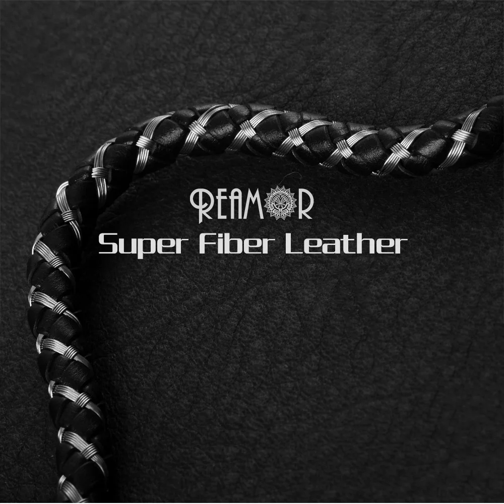 REAMOR New Men's Black Super Fiber Leather Sport Bracelets Unique Dumbbell Stainless steel Metal Braided Bracelet Jewelry