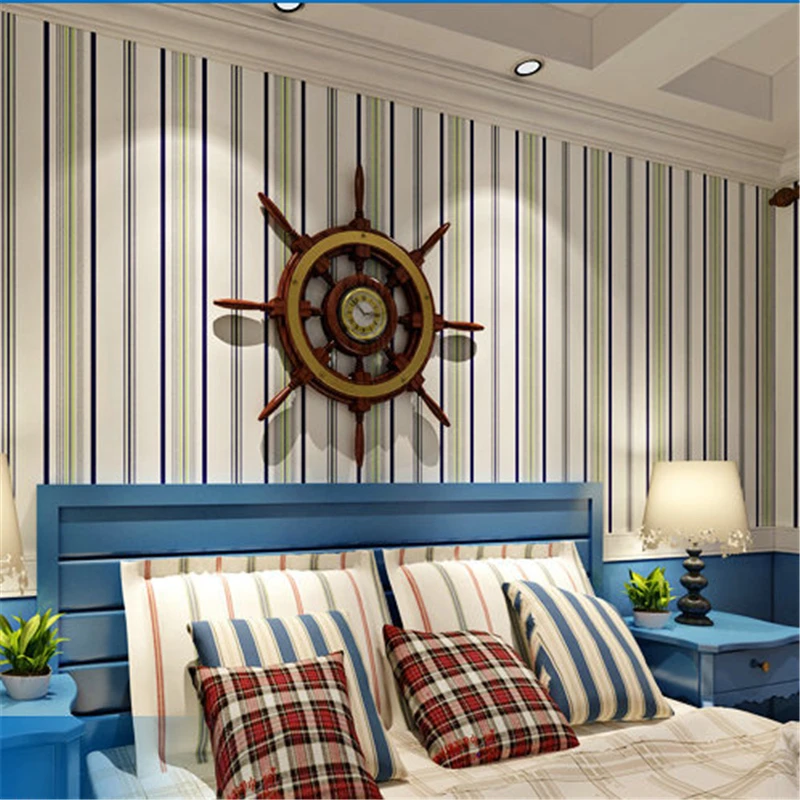 

wellyu Blue non-woven wallpaper simple Mediterranean style bedroom living room full of striped wallpaper