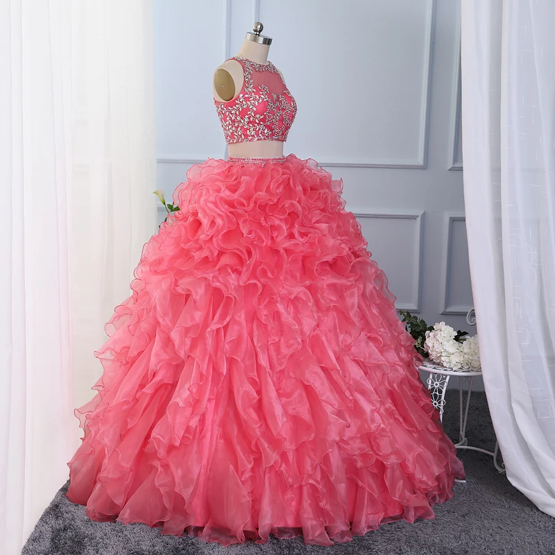 CloverBridal suknia balowa z krynoliną kamienie, kryształy zroszony dwa kawałki Coral Quinceanera suknie 15 lat dziewczyny urodziny WQ9885