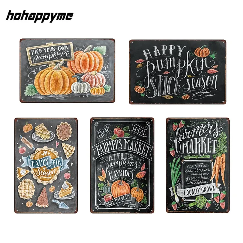 hohappyme Farmers Market Pumpkin Menu Wall Signs Art Print Stickers Pub Bar Decoration Plaque Metal Vintage Home Decor 20X30 CM