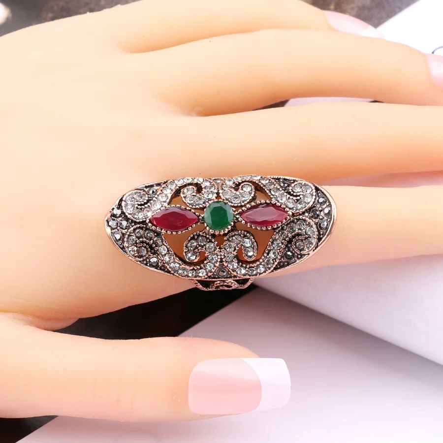 Kinel Vintage Ring Trendy Women Jewelry Gold Color Inlaid Red Resin Big Oval Party Crystal Antique Rings Turkish Jewelery 2020