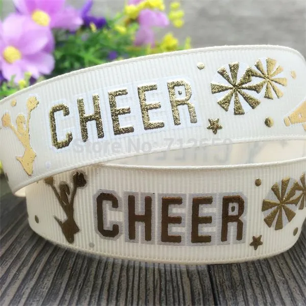 17 Skus to Select 7/8\'\' 22mm Gold CHEER Hot Stamped Grosgrain Ribbon Printed Ribbon Clothing Diy Bow Gift Wrap Ribbon 10 yards